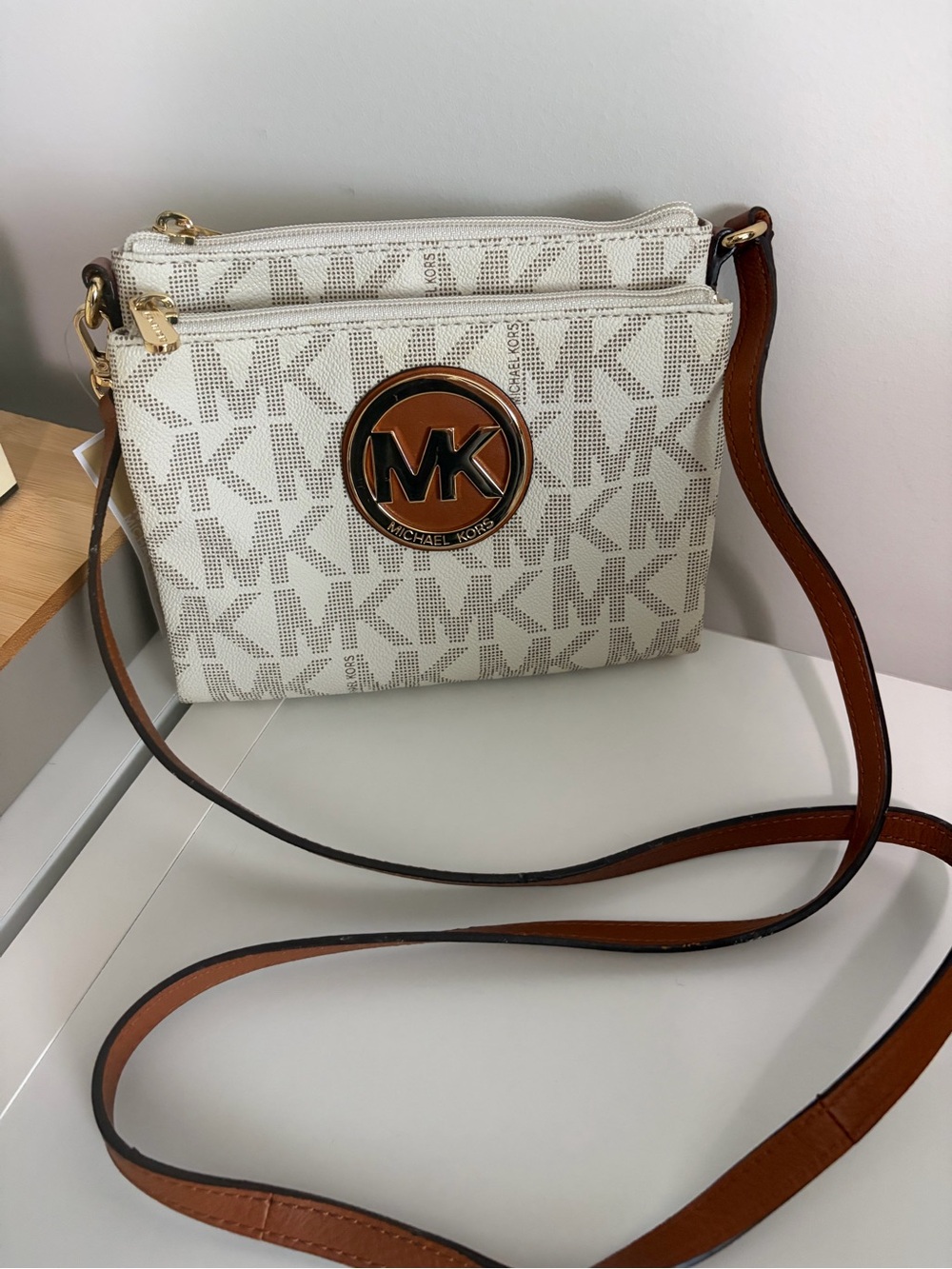 Michael Kors Cream MK Logo Crossbody with Brown Trim